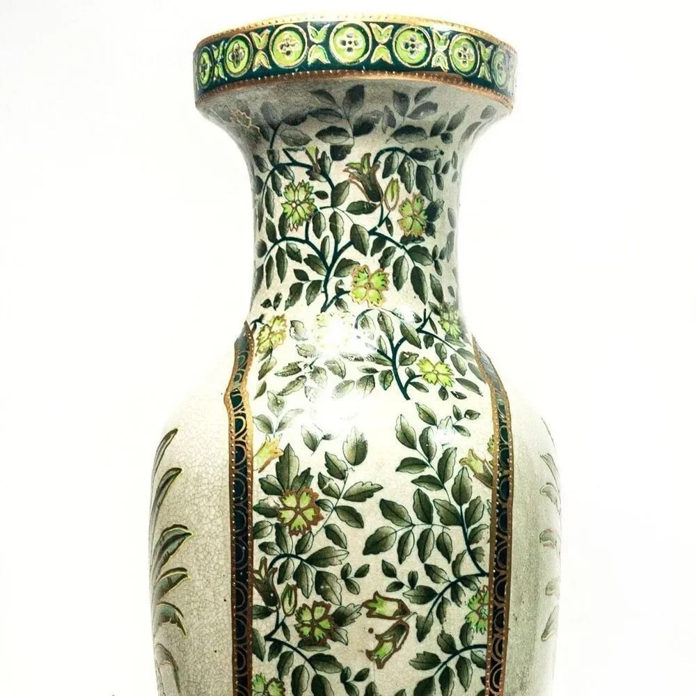 Porcelain Vase Green/Gold Botanical Motif Hand Painted Gilt Accent China